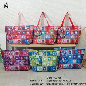 Bolso de Playa con Estampado Digital de Estilo Étnico, Diseño Floral a Cuadros, 56x36x17cm, con Correa Pequeña - Product Image 3