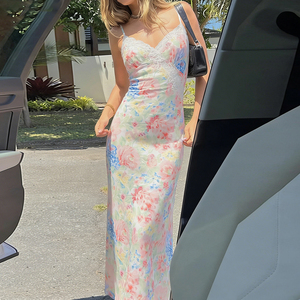 Vestido de punto vintage con encaje floral y patchwork, vestido camisero con cuello en V, vestido midi ajustado para mujer, vestido informal elegante de verano para vacaciones - Product Image 2