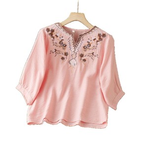 Pink Cotton Linen Embroidered V-Neck Loose Mid-Sleeve Blouse For Women Casual Everyday Wear - Product Image 5