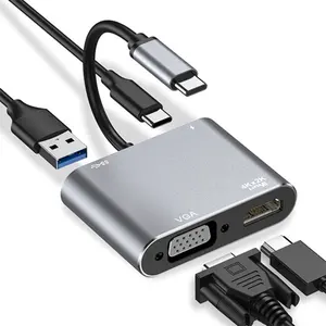 4 dans 1 Multifonctionnel USB 3.0 Hub 5Gbps Données PD Type C à VGA HD-MI Ordinateur Portable pour Moniteur HDTV 1080P 4K Adaptateur