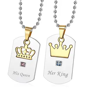Fashion Stainless Steel Cubic Zircon Jewelry Her King His Queen Crown Initial Plated Couple Pendant Necklace