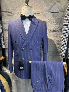 Nouvelle arrivée : Costume classique formel à rayures fines, veste à double boutonnage et <span class=keywords><strong>pantalon</strong></span> slim fit pour homme - Product Image 2