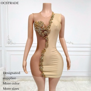 Vestido Sexy Corto Ajustado de Jersey con Cuentas de Cristal y Pedrería, Cintura Imperio, Transpirable, para Mujer, para Fiesta de Cumpleaños, Club Nocturno - Product Image 1