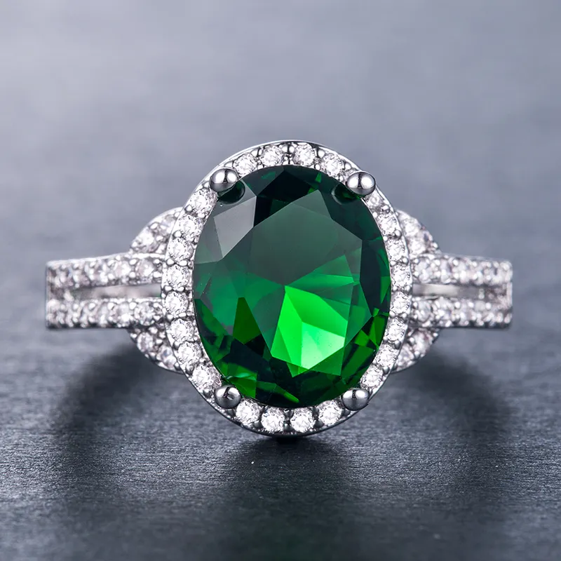 Caoshi Gemaakt In Vervaardiging Ovaal Gesneden Groene Smaragd Edelsteen Vingerringen Vrouwen Cz Kristal Zilveren Kleur Ring