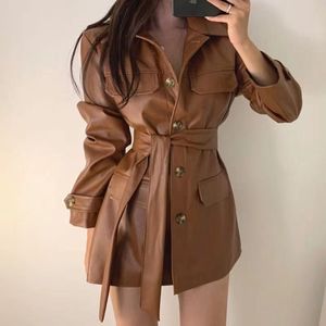 Manteau <span class=keywords><strong>trench</strong></span> en similicuir PU pour femme, ceinturé, col pointu, poches à rabat, manches longues, style urbain - Product Image 1