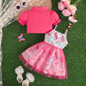 Ensemble de vêtements d'été deux pièces pour bébés filles, style actif, design élégant et décontracté, manches bouffantes, broderie, motif lapin imprimé - Product Image 2