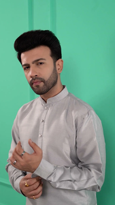 <b>Men</b> Silver-Grey Solid Dupion Silk Straight <b>Kurta</b> with Pajamas Traditional Ethnic Wear for Festive Occasions and Celebrations - Product Image 2