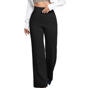 Pantalon large taille haute pour femme, couleur unie, en crêpe, coupe ample, longueur complète, taille élastique, style décontracté automne avec poches - Product Image 2