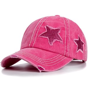 Vintage Washed Cotton Ponytail Baseball Cap with Fringe Glitter Star Patch Distressed Hole Criss Cross Messy Bun Trucker Hat for - Product Image 6