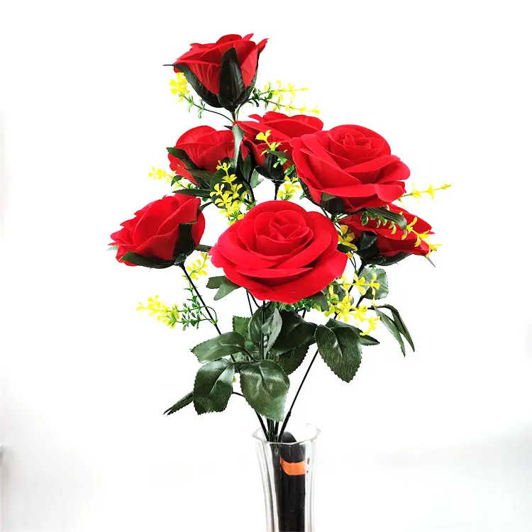 Atacado Mais Recente Design Preço De Fábrica Diy Handmade Premium Flor Artificial Folha Verde Veludo Red Rose Bouquet