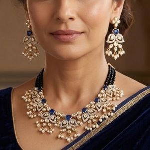 Flower Design Luxury925 Silver <b>Necklace</b> Earrings Set for Women Blue Gemstone Pearls Kundan Work Traditional Indian Jewelry - Product Image 1