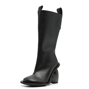 Custom Heart-Shaped Heels Square Toe Long Boots Women's Side Zipper Knee High <b>Booties</b> Silver PU Leather Shoes - Product Image 4