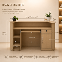 Bureau d'accueil en MDF rainuré courbé couleur bois naturel, sur mesure, pour salon de beauté, spa de massage, studio de yoga