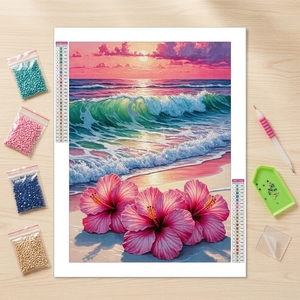 Kit Pittura Diamante 5D su Tessuto Stampato, Fiore di Ibisco Rosa, Tramonto sull'Oceano, Spiaggia, Mosaico Fai da Te Completo per Adulti, Decorazione Murale per la Casa - Product Image 5