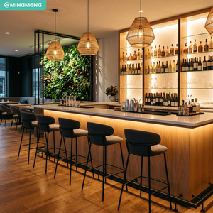 Contemporary Hotel Bar Seating Set LED Light Wood Bar Counter Fabric Bar <b>Stool</b> Black Metal Leg High Bar Chair For Commercial - Product Image 1