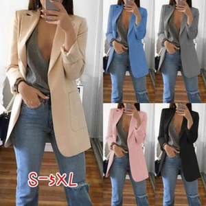 T26258 <span class=keywords><strong>Blazer</strong></span> Manteau Femme Printemps Automne Uni à Revers et Poches, Cardigan Long Grande Taille, <span class=keywords><strong>Blazer</strong></span> Décontracté Élégant pour Femme - Product Image 2