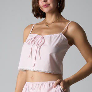 Top camisole taille haute style transfrontalier pour filles, tricoté, court, à rayures, avec nœud en dentelle, micro-élastique, nouvelle arrivée - Product Image 1