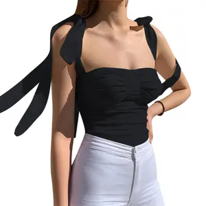 de cinta corbata arriba Suppliers-Ropa de moda para mujer, Top corto sin mangas con tirantes y lazo, 2021