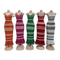 Nouveauté 2024 Robe Cintrée à Bretelles, Tricot Rayé, Décontractée et Sexy, Longueur Mi-Mollet, Robe Portefeuille pour Femme