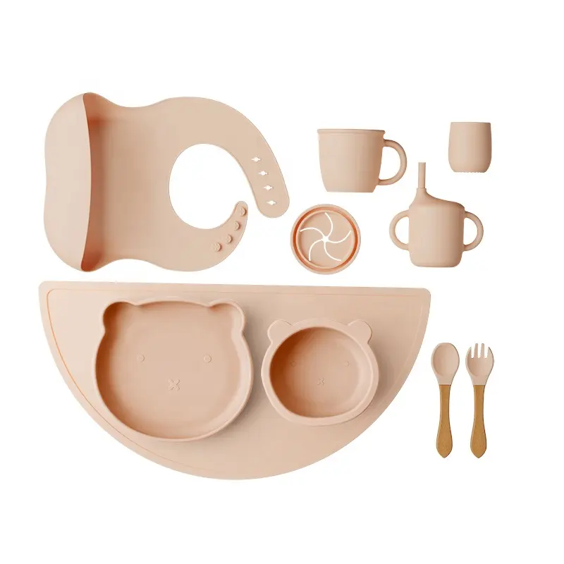 Fubon Baby Voeding Siliconen Plaat Set Beer Vorm Servies Set Plaat Kom Cup Bib Lepel En Vork