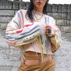 INSストリートショットファッションニットカラフルタッセルカジュアルクロップトップジャンパー女性セータークロップトップ女性