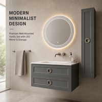 Ensemble de meubles de salle de bain suspendus modernes avec vasque en céramique, miroir LED intelligent et armoire latérale suspendue pour hôtel et maison (OEM)