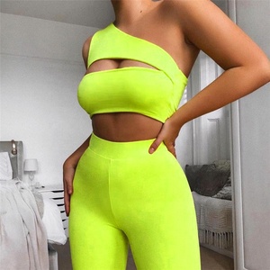 Neon Sexy exposed breasted Top short Yoga 2 Pieces short ropa mujeres de fitness set - Product Image 1