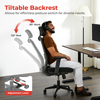 Chaise de bureau ergonomique haut de gamme à dossier haut en maille avec appui-tête réglable, 3 vérins à gaz, 125 °   Fauteuil de bureau inclinable pour mobilier de bureau