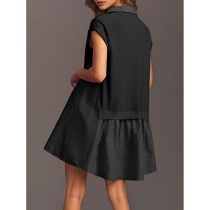 Robe courte d'été pour femmes, manches courtes, col en V, décontractée, surdimensionnée, patchwork, tissu respirant, tissé, pour tous les jours - Product Image 3