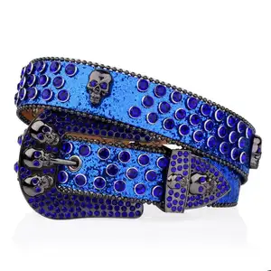 Genuine Leather Cross Belt Skull Buckle Shiny Pink Diamond Western Women Bling Bling Skull Buckle Green Rhinestone Belt