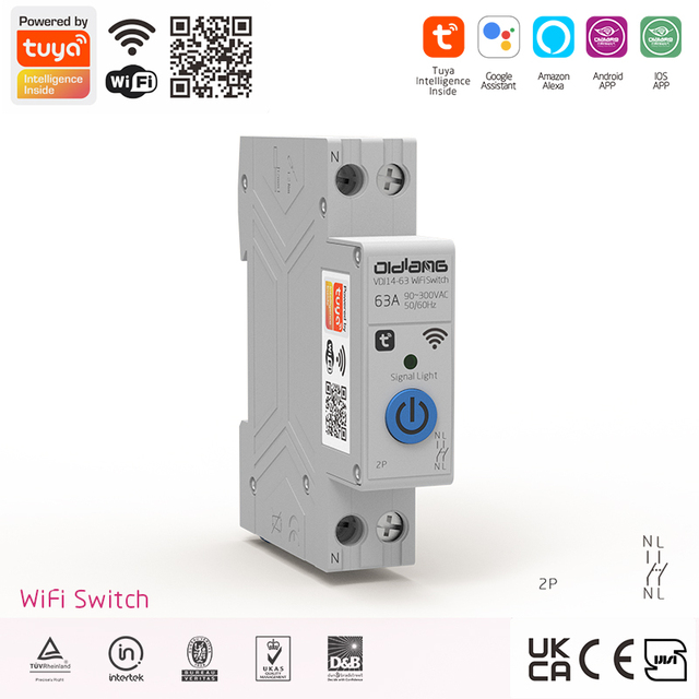 OLDLANG WiFi-Controlled Smart Switch 2P TUYA Meter 63A Rated 6KA Breaking Capacity BCD Curve C Copper Plastic Industrial Din