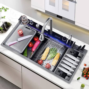 Nuevo Diseño de <span class=keywords><strong>Tiktok</strong></span>, Grifo Cascada de <span class=keywords><strong>40</strong></span> Pulgadas, Fregadero de Cocina de Acero Inoxidable con Dos Cubetas, Diseño Biónico de Panal de Abeja, Color Negro - Product Image 2