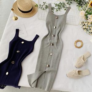 Robe d'été élégante en maille pour <span class=keywords><strong>femme</strong></span>, coupe ajustée, magnifique col carré, sans manches, décontractée, chemises pour femmes en gros - Product Image 5