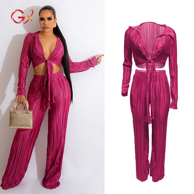 GX8207 Drop shipping elegant women two piece set solid color long sleeve sexy tie-up top and pants pleated outfit