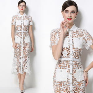 Elegante Vestido Midi de Mujer, Color Sólido, Manga Corta, Cintura Natural, Corte <span class=keywords><strong>Sirena</strong></span> con Encaje - Product Image 1