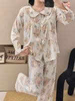 Pyjama deux pièces en coton pour femme, style palais, avec dentelle, imprimé floral mignon, collection Printemps-Automne 2026, version coréenne