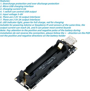V3 Shield 1 Battery Holder Development Board - 3V/<b>1A</b> & <b>5V</b>/2A <b>USB</b> Battery Charging Module, Compatible with 18650 Power Bank - Product Image 5