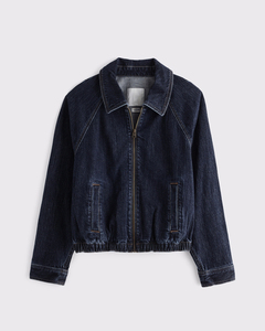 Leduo Customized Ladies Lapel Collar <b>Zip</b> Front Denim <b>Jacket</b> Sleeve Elastic Bottom Hem Loose Dark Wash Casual Short Jean Coat - Product Image 3