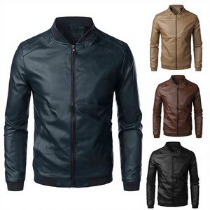 Veste décontractée en laine et cuir PU pour homme, coupe slim, coupe-vent, à fermeture éclair, manches longues, collection printemps-automne, vente en gros - Product Image 2