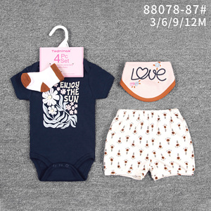 Set di 4 Pezzi Tedmimak in Cotone per Neonata <span class=keywords><strong>12</strong></span> <span class=keywords><strong>Mesi</strong></span>, Stampa Animalier/Floreale Stile Americano, Tutina Estiva a Maniche Corte con Bavaglino - Product Image 4