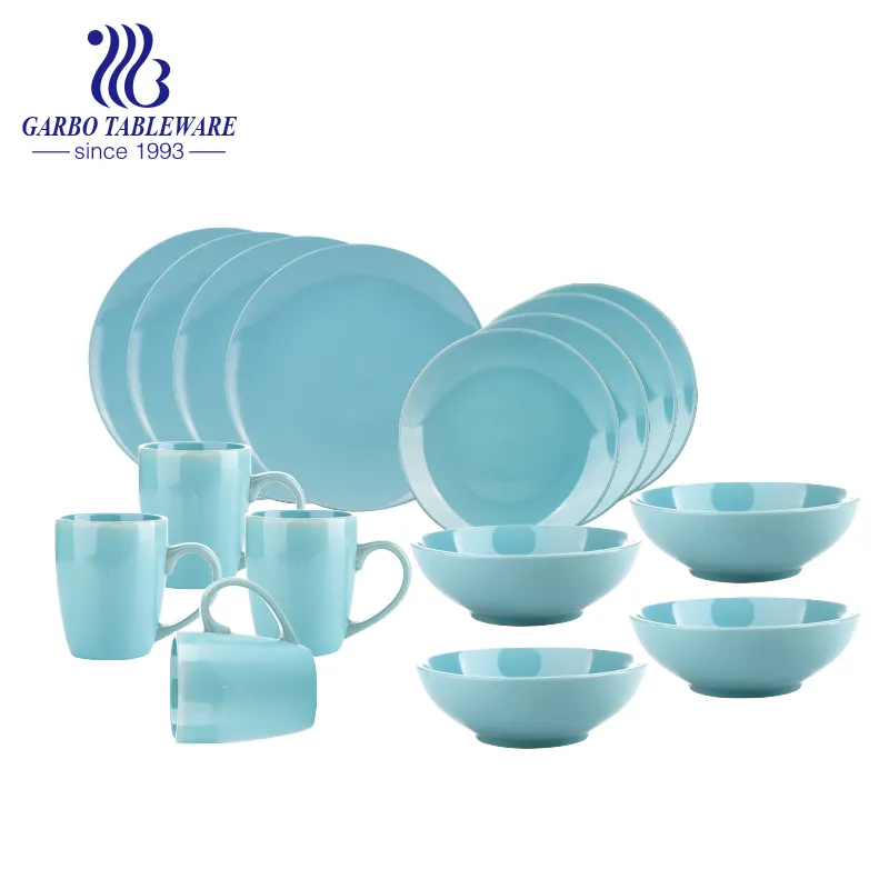 Atacado preço de fábrica Louça cor azul vidros 16pcs cerâmica jantar conjunto novo osso china mesa porcelana jantar conjunto
