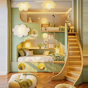 Letto a castello in legno dal design creativo per bambini, a due piani, stessa larghezza superiore e inferiore, stile foresta, per ragazzi e ragazze, con scaletta. - Product Image 1