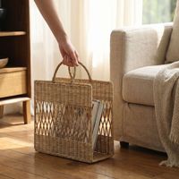 Panier de rangement en rotin tressé à la main, portable, pour livres, magazines, journaux, avec poignée