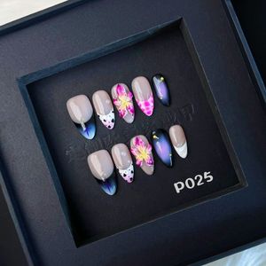 Nueva uña falsa de almendra brillante reutilizable 3D flor almendra Simple elegante <span class=keywords><strong>manicura</strong></span> 10 Uds blanco francés hecho a mano prensa en las uñas - Product Image 1