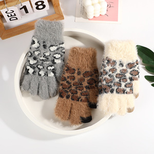 Hiver Blanc Gris Café Animal Sauvage Imprimé Léopard Points Jacquard pour Écran Tactile Faux Vison Fourrure <span class=keywords><strong>Mitaine</strong></span> Chaude Extérieur - Product Image 2