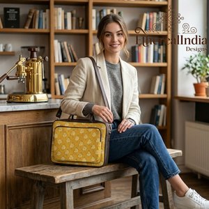 Bolso para portátil con estampado de bloques verdes, hecho a mano, de algodón, bolso de oficina con correa, bolso de mensajero étnico para el trabajo. - Product Image 4