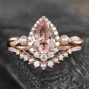 Rose Gold Plated Women's Engagement <b>Ring</b> With <b>Opal</b> Water Pear Cut Pave Setting Freshwater Pearl Romantic Style - Product Image 4