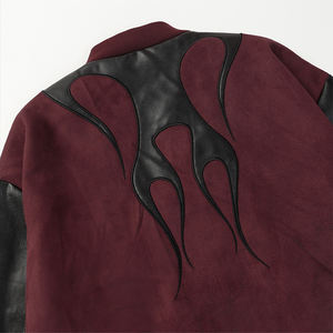 جاكيت فارسيتي مخصص بتطريز اللهب وألوان متباينة للرجال، مزيج من الجلد والسويد، ملابس الشارع للجنسين بأسلوب الهيب هوب، خدمة تصنيع حسب الطلب - Product Image 3