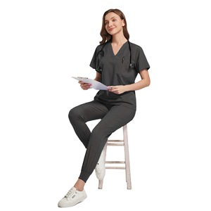 Women's Scrub Suit Polyester Spandex Short Sleeve Two Piece Set Moisture Wicking Medical Work Uniform Split Set - Product Image 4