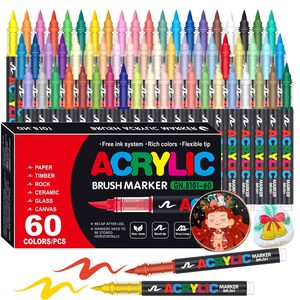 Marqueurs de peinture acrylique 60 couleurs Encre liquide permanente Pointe pinceau plate 6 mm Fournitures artistiques pour loisirs créatifs sur tissus - Product Image 1